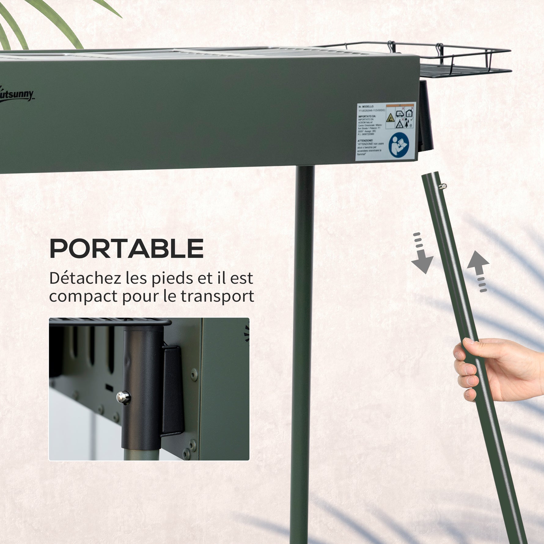 Barbecue au charbon de bois avec 2 grilles portable BBQ Grill sur Pieds amovibles2 paniers latéraux, 94L x 39l x 70H cm
