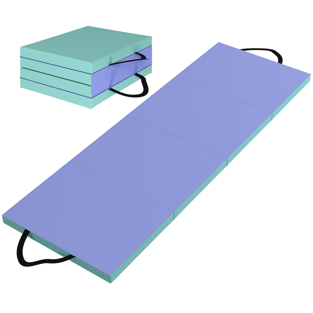 Tapis de gymnastique pliable portable, tapis de sport épais en 4 parties avec poignées, 180 x 60 x 5 cm, vert et violet