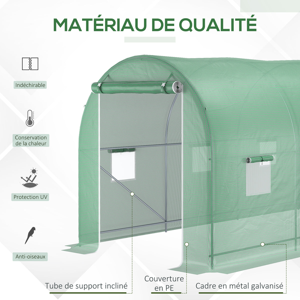 Serre de Jardin Tunnel Surface Sol 10 m² 5L x 2l x 2,05H m châssis Tubulaire renforcé Porte zippée 8 fenêtres enroulables Vert