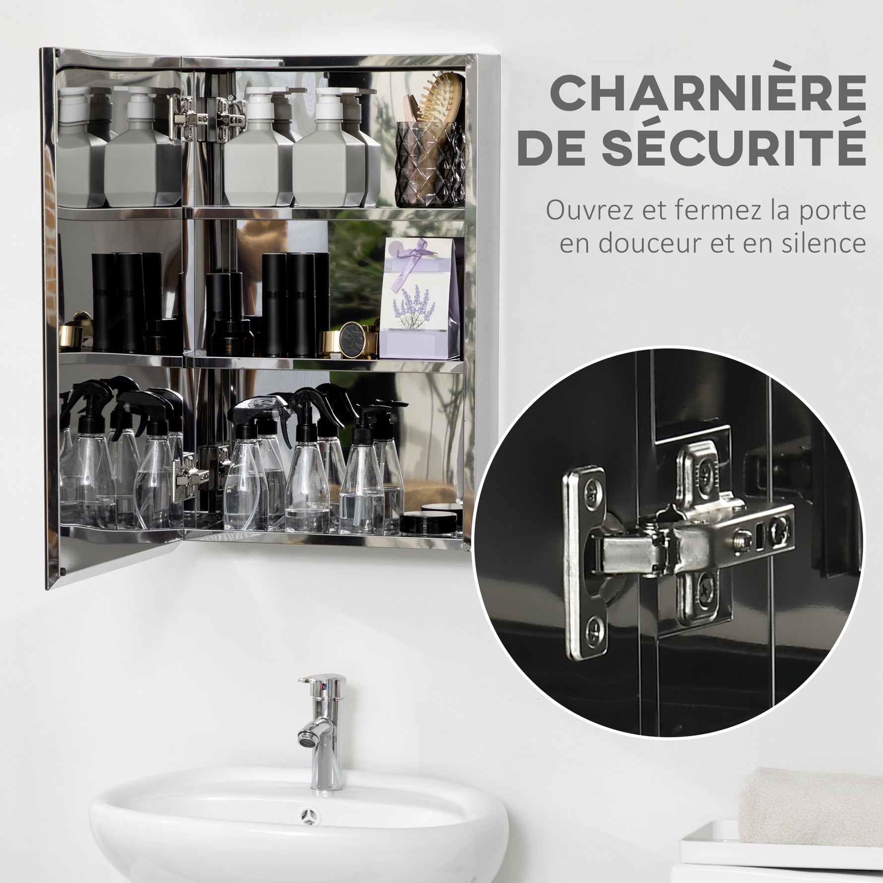 Armoire miroir de salle de bain en acier inoxydable armoire murale de toilette 39 x 12 x 60 cm