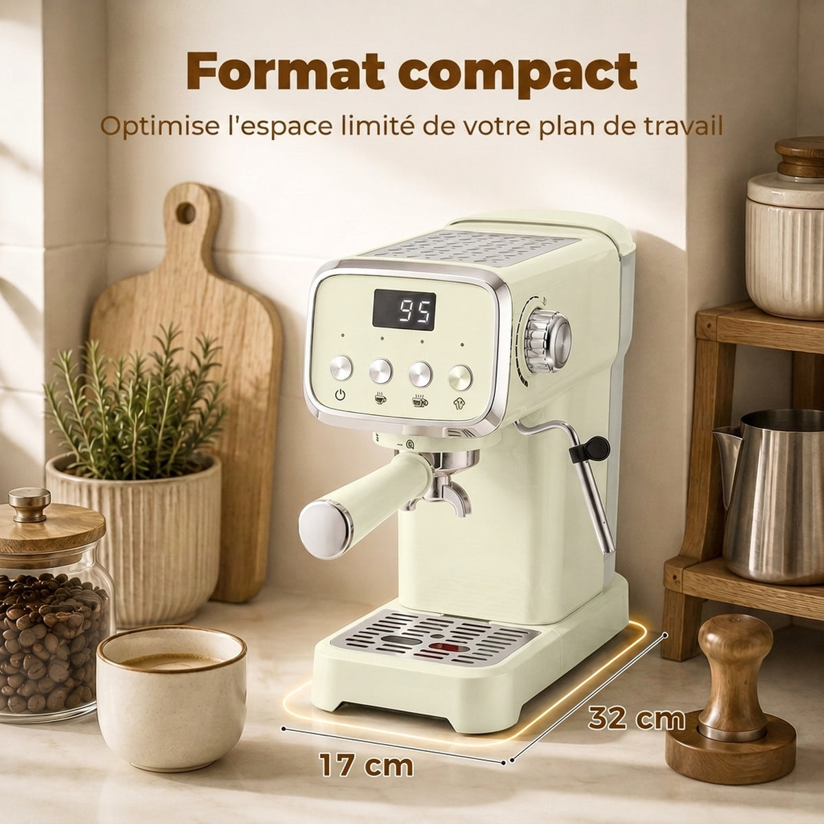 Machine à Expresso avec Buse Vapeur à Mousse de Lait, Cafetière 20Bars, Réservoir d'Eau Amovible 1,2 L, Crème