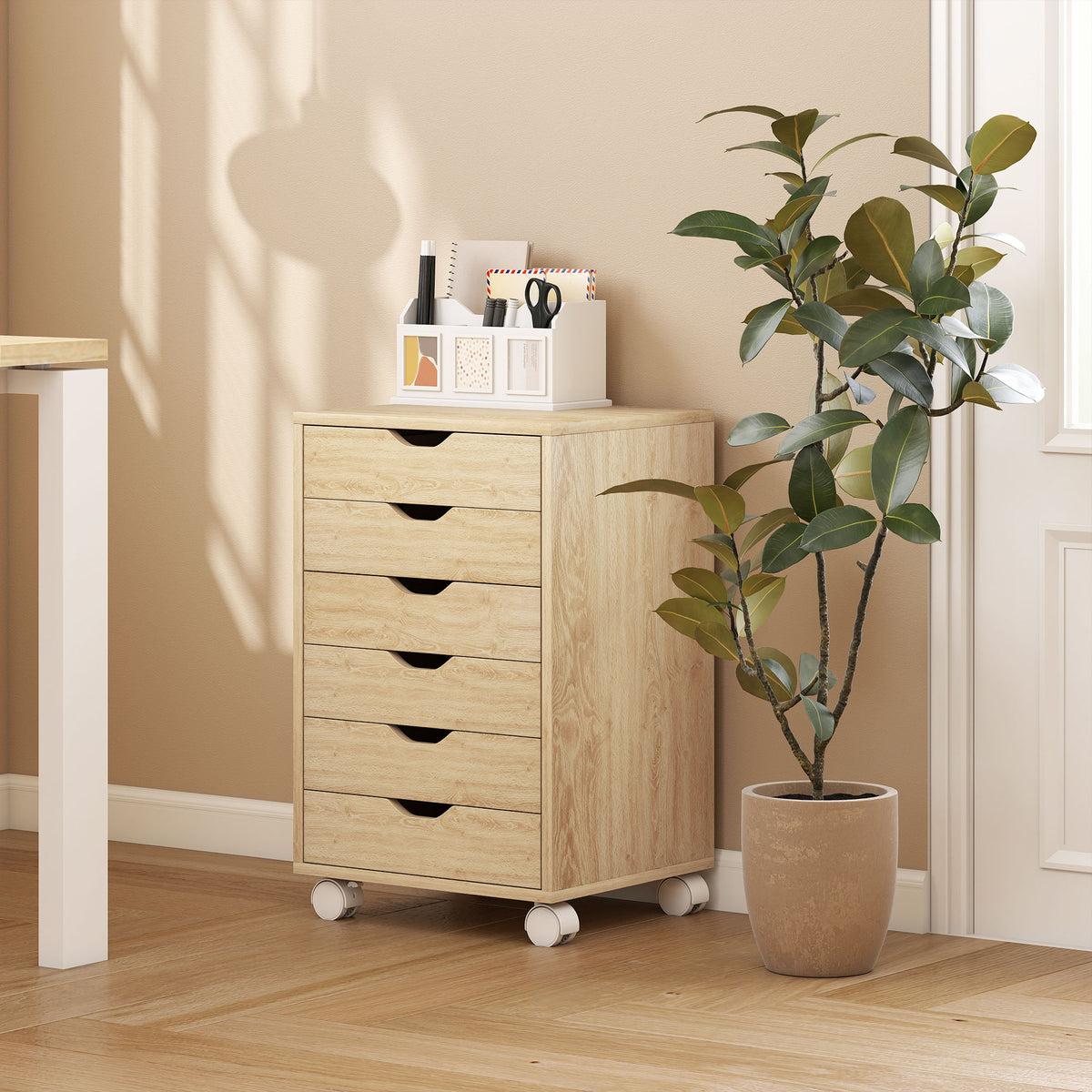 Mobiler Büro-Rollcontainer mit 6 geräuscharmen Schubladen, Druckerständer, eingelassene Griffe, 40 x 35 x 63 cm, Eiche