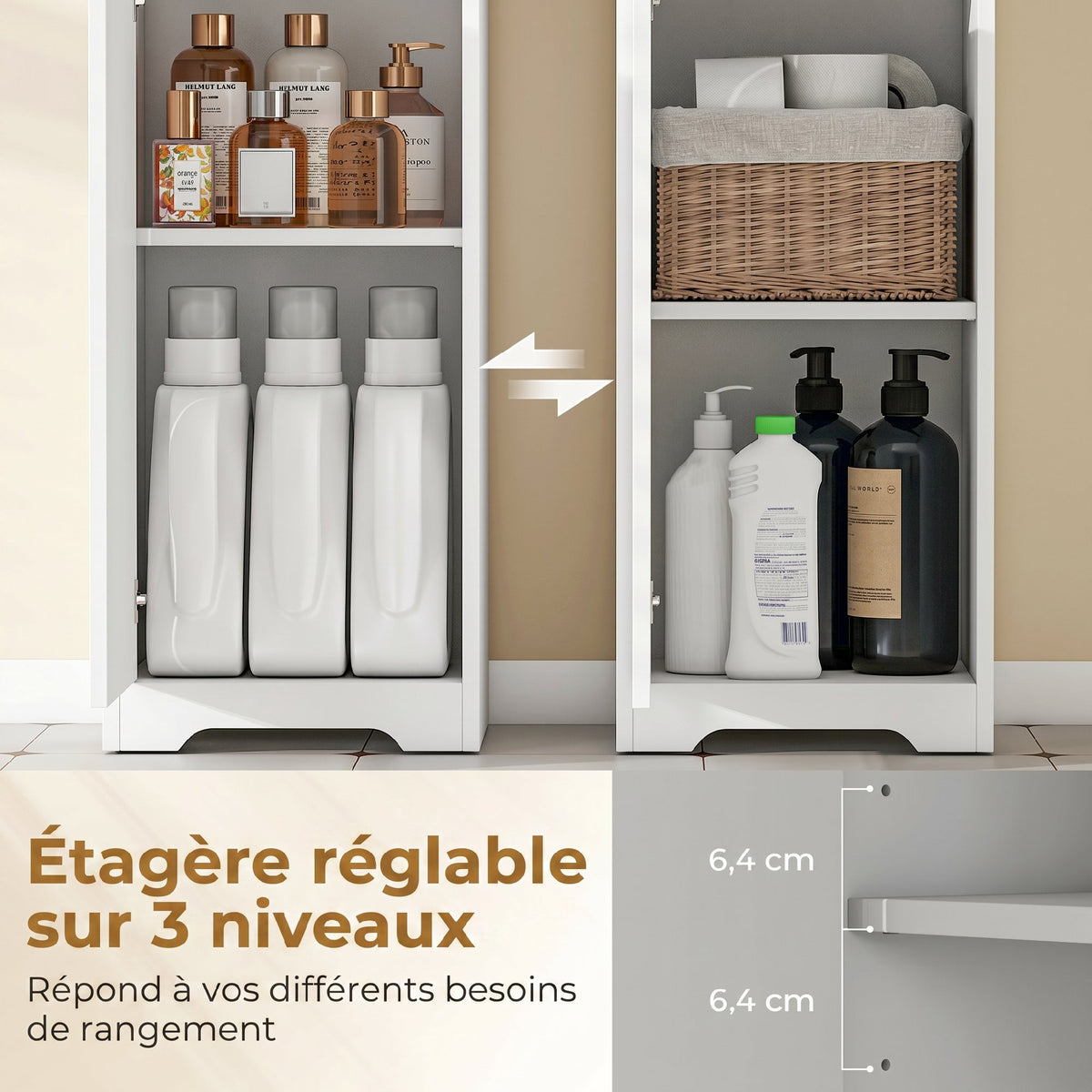 Meuble de salle de bain haut, meuble de rangement avec porte, tiroir, compartiments ouverts, étagère réglable, blanc