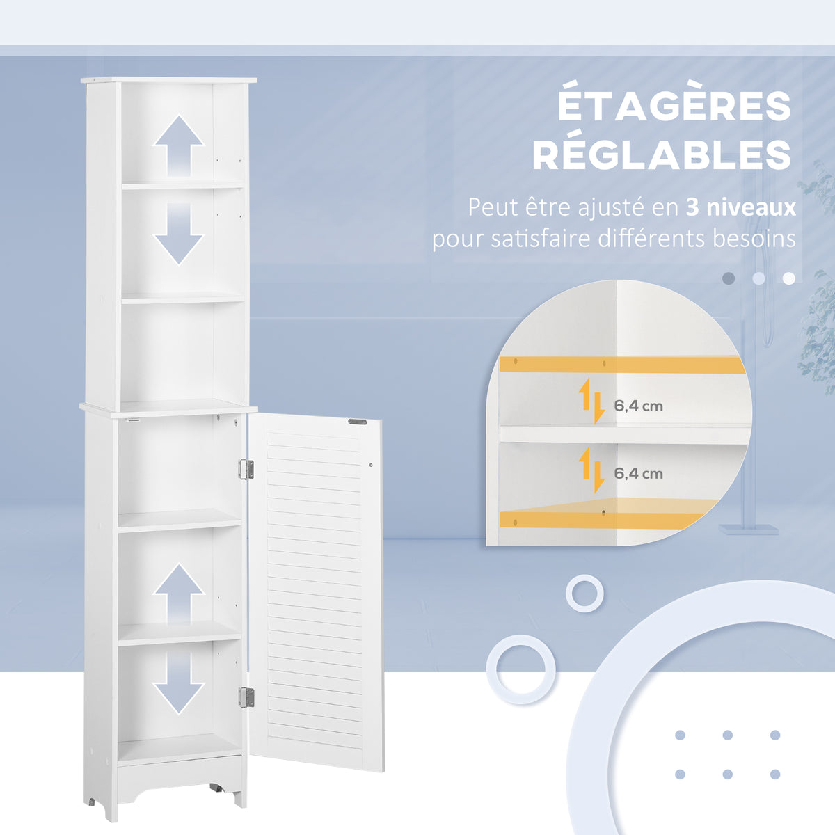 Mueble columna para baño, 3 nichos, armario con puerta de persiana, 3 estantes, MDF, paneles de partículas, blanco