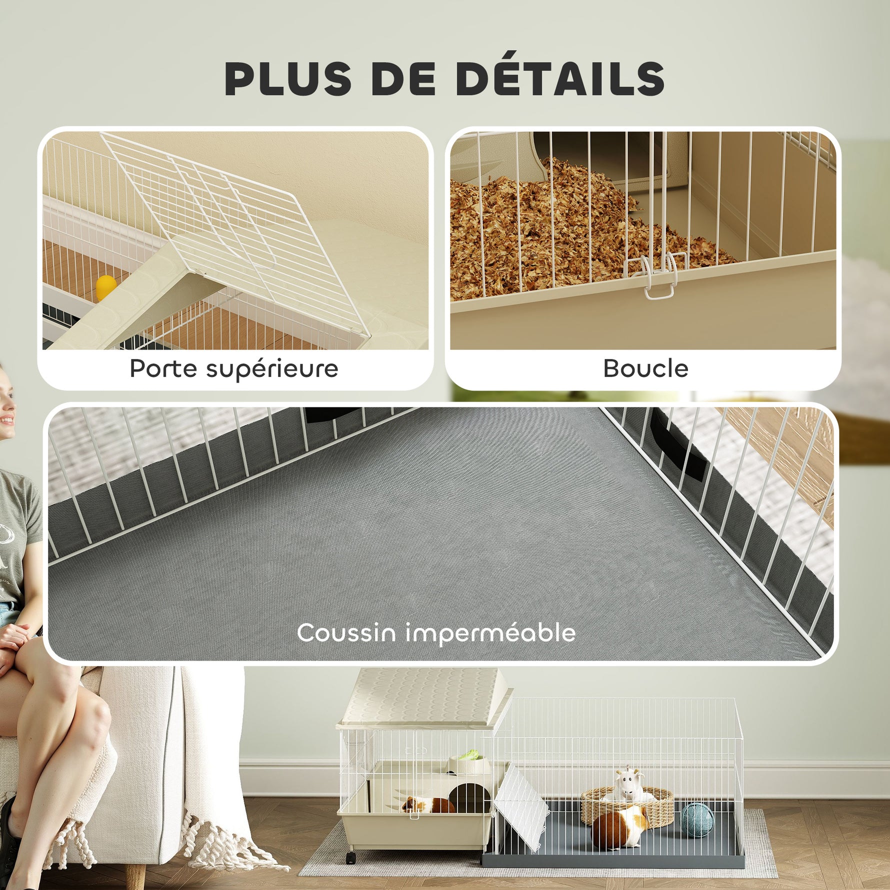 Cage cochon d'inde cage pour petits animaux avec parc amovible tapis imperméable mangeoire à foin 108 x 71 x 57 cm beige