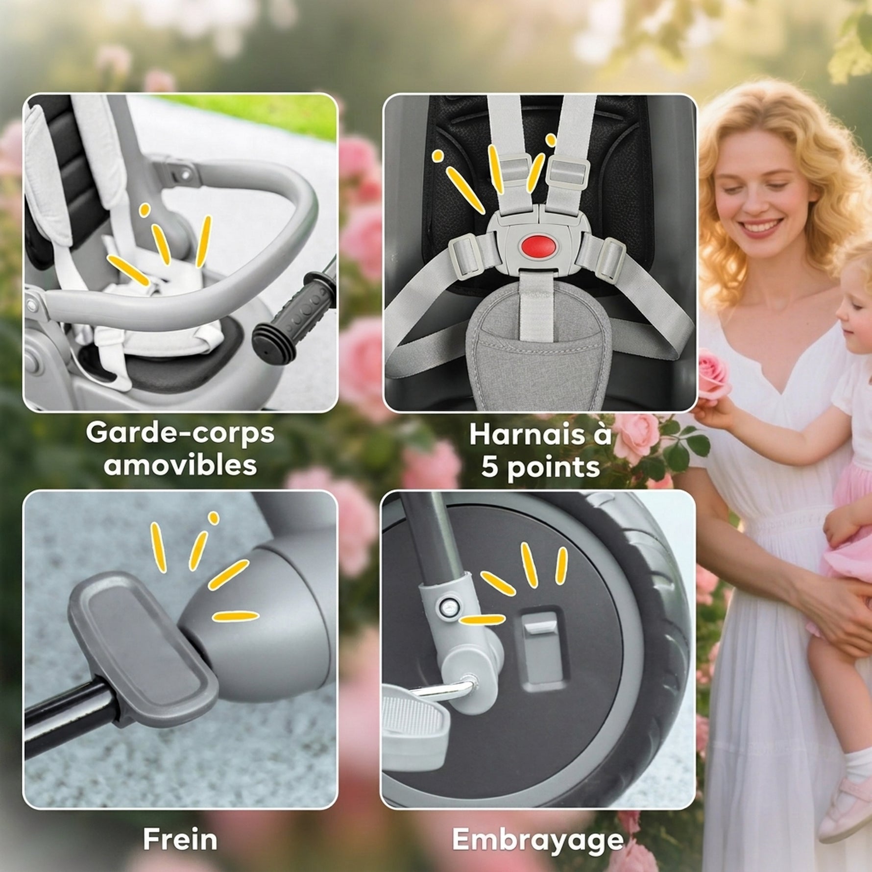 Tricycle bébé évolutif 6 en 1, tricycle enfant pliable avec poignée parentale réglable, siège pivotant 360°, gris