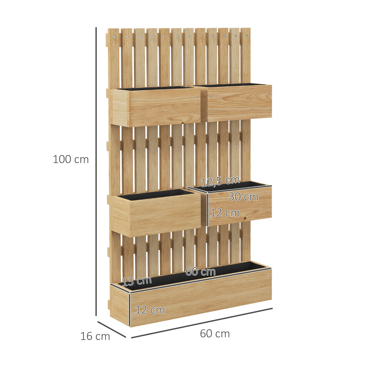 Jardinière murale potager avec 5 bacs treillis en bois massif amovibles 60 x 16 x 100 cm