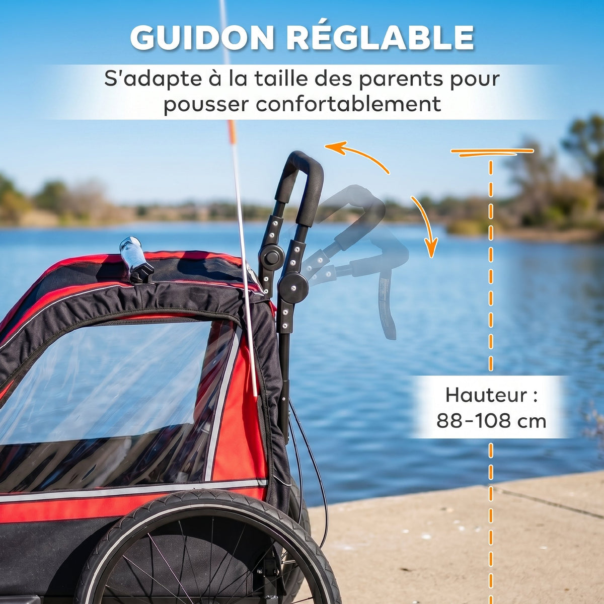 Remolque de bicicleta para niños 2 en 1, cochecito de bicicleta para bebés de 2 plazas, manillar ajustable, freno de mano, cinturón de seguridad, rojo