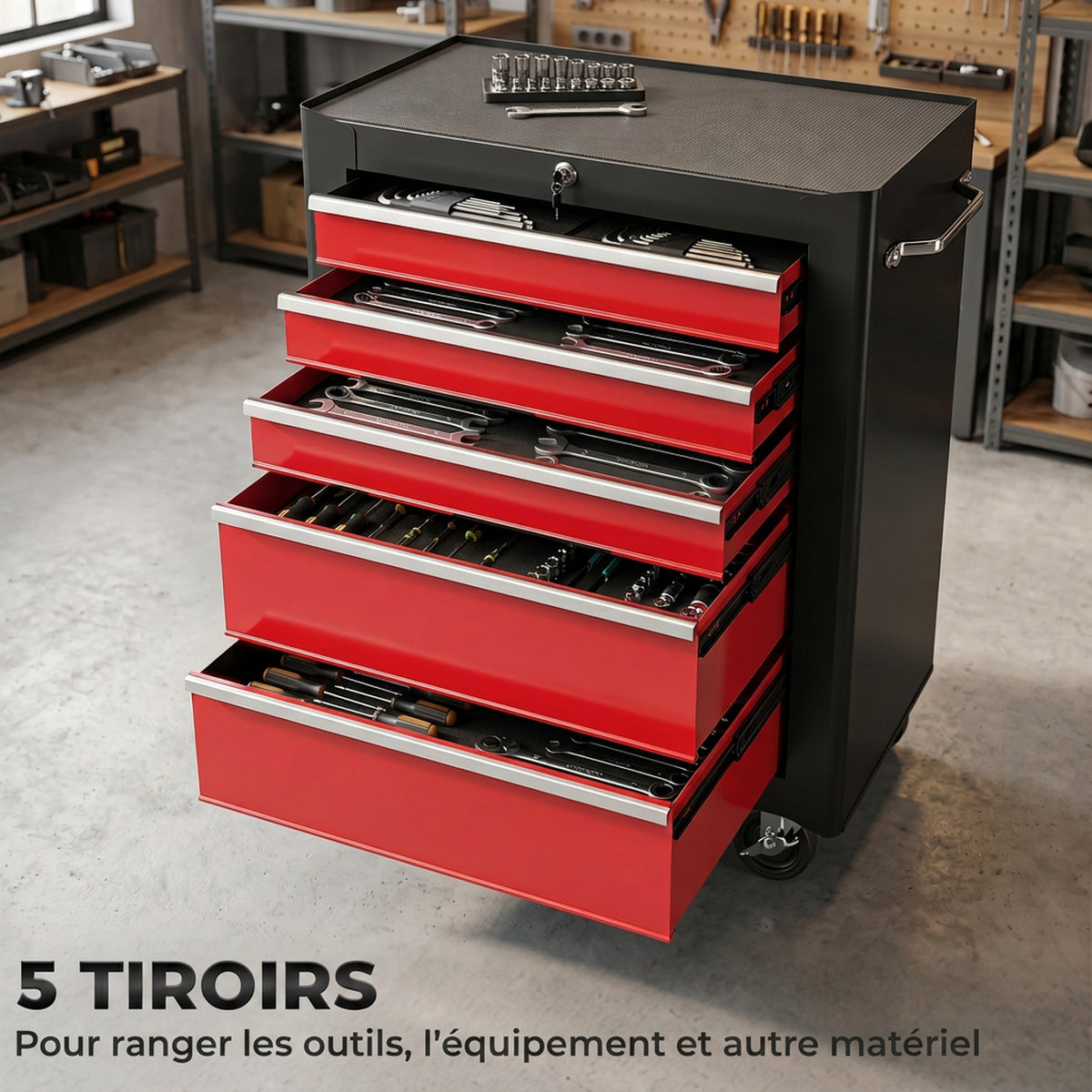 Carrello portautensili su ruote, Cassettiera da officina in acciaio a 5 cassetti bloccabile con 2 chiavi, 61,5 x 33 x 82,5 cm, rosso