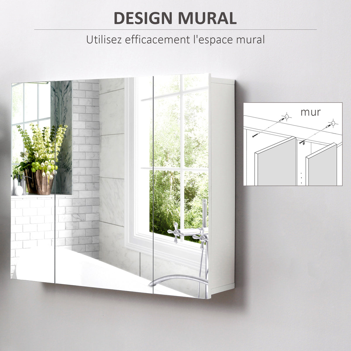 Armoire murale de salle de bain avec 3 portes miroir et étagères réglables en MDF Blanc dim. 70L x 15l x 60H cm