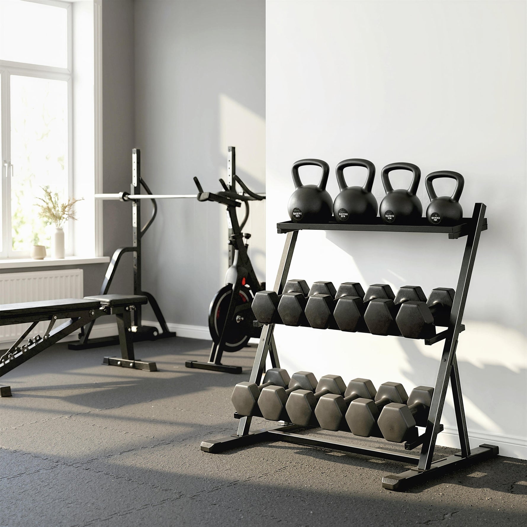 Support pour haltères à 3 niveaux, support de poids réglable en acier pour haltères, kettlebells, noir