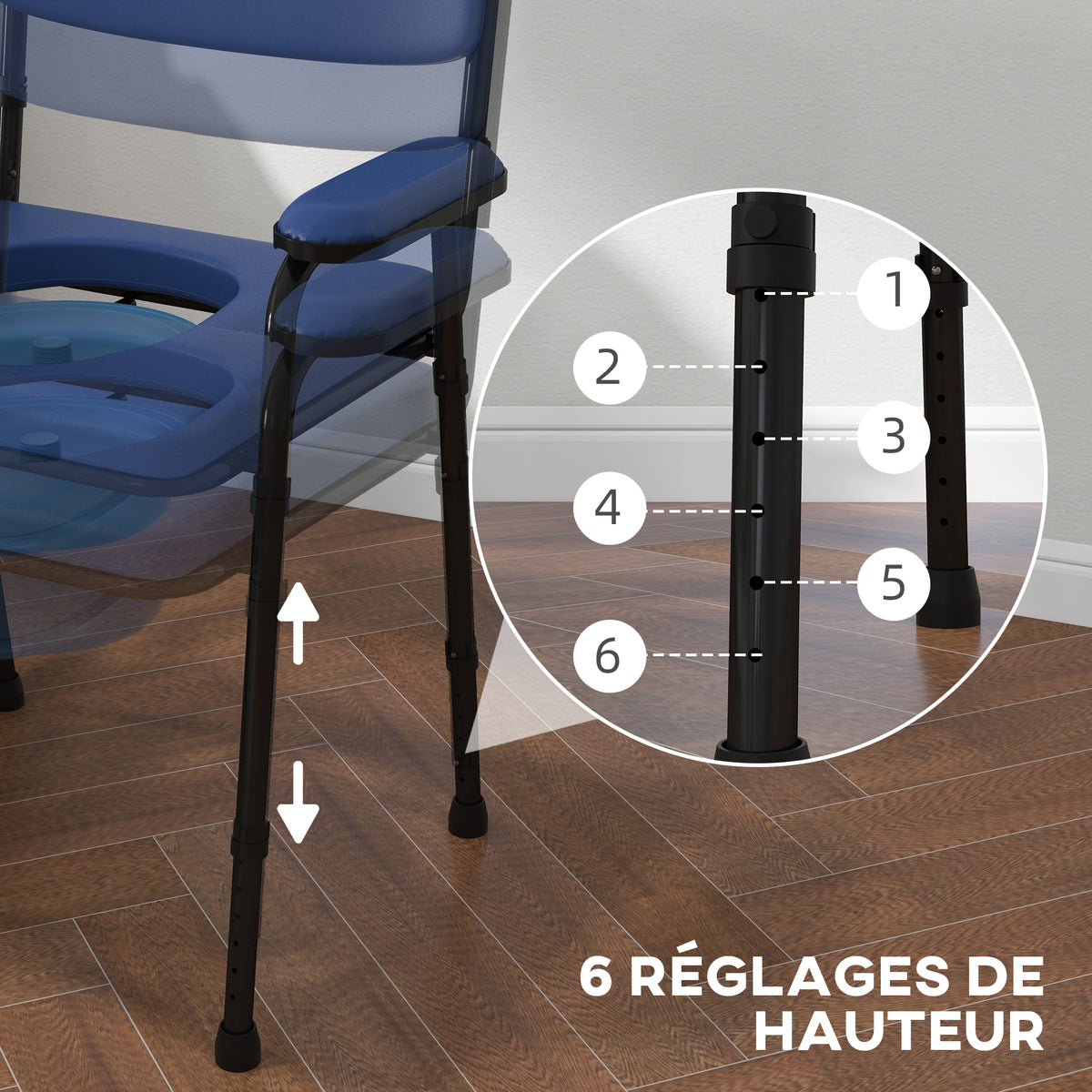 Chaise percée toilette multifonctions seau amovible hauteur réglable avec dossier siège et accoudoirs rembourrés bleu