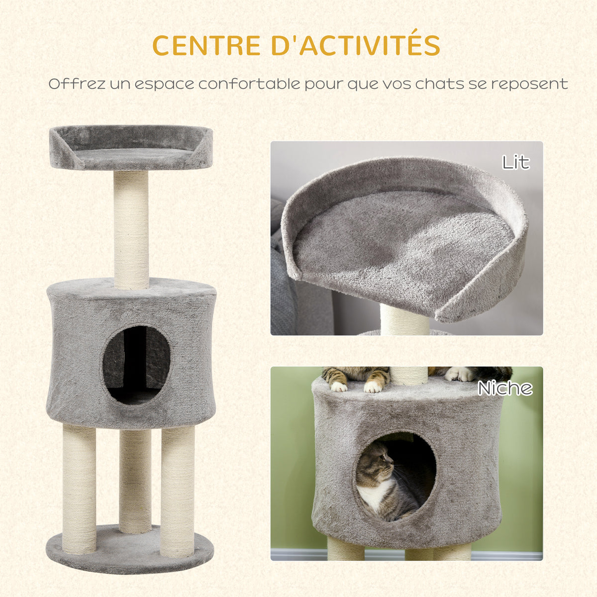 Arbre à chat griffoirs grattoirs sisal naturel arbre à grimper niche plate-forme en peluche hauteur 103 cm gris