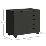 Caisson de bureau avec 5 tiroirs 1 porte étagère réglable, support imprimante sur roulettes, 78x40x66,5 cm, noir