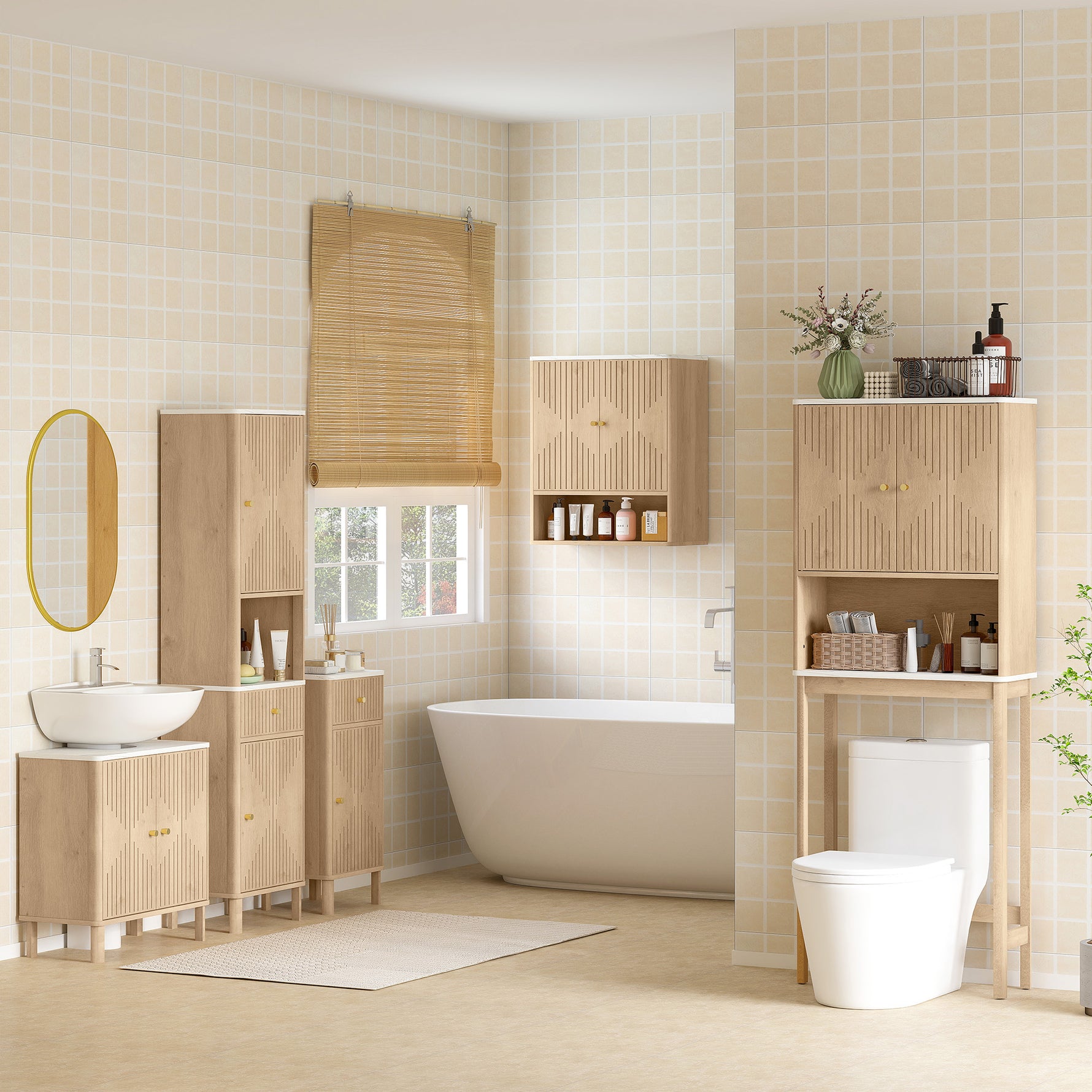 Armoire salle de bain haute meuble de rangement colonne avec tiroir coulissant silencieux 2 placards 41,5x30x168cm chêne