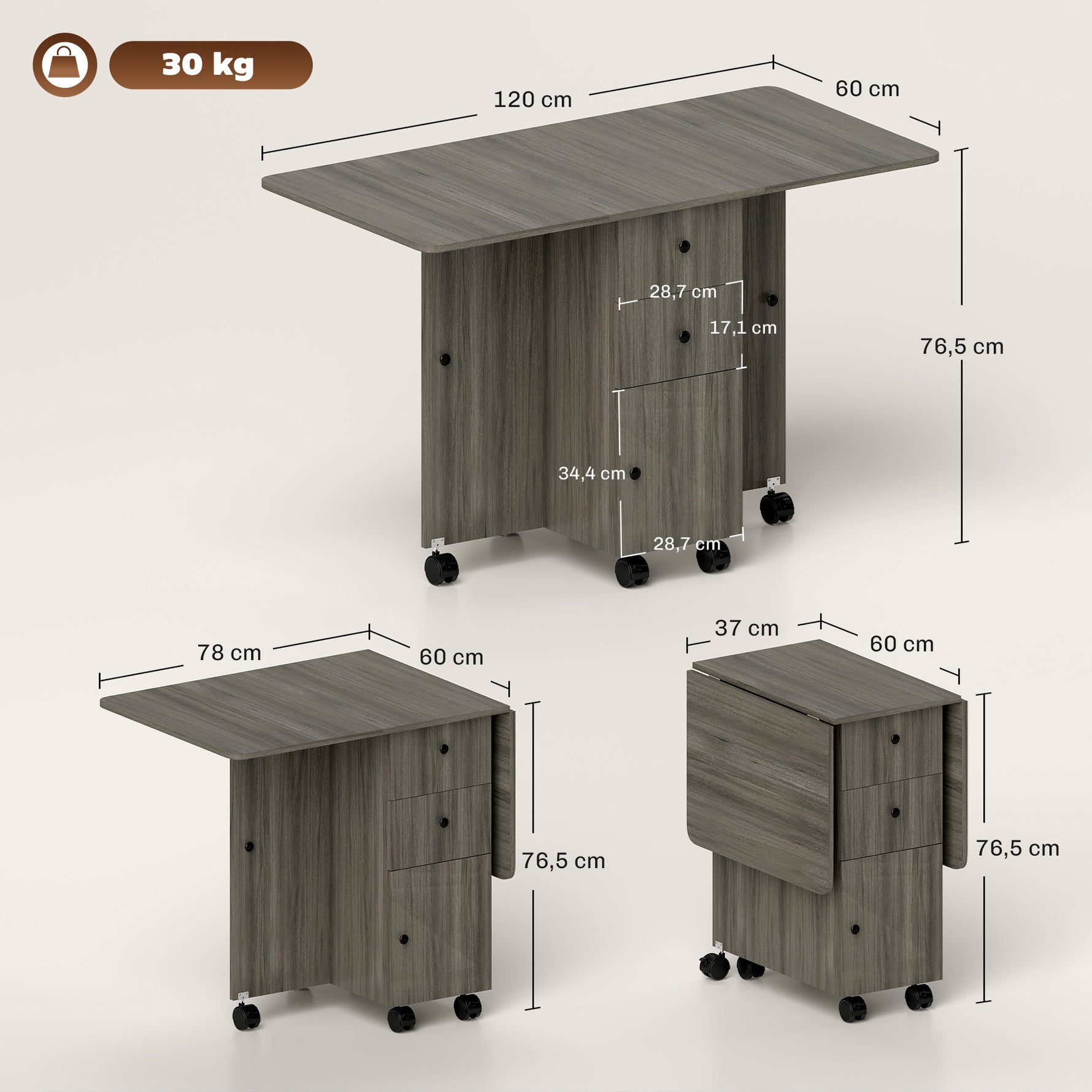 Table de cuisine pliable table à manger pliante 2 plateaux rabattables avec 2 tiroirs 1 placard gris