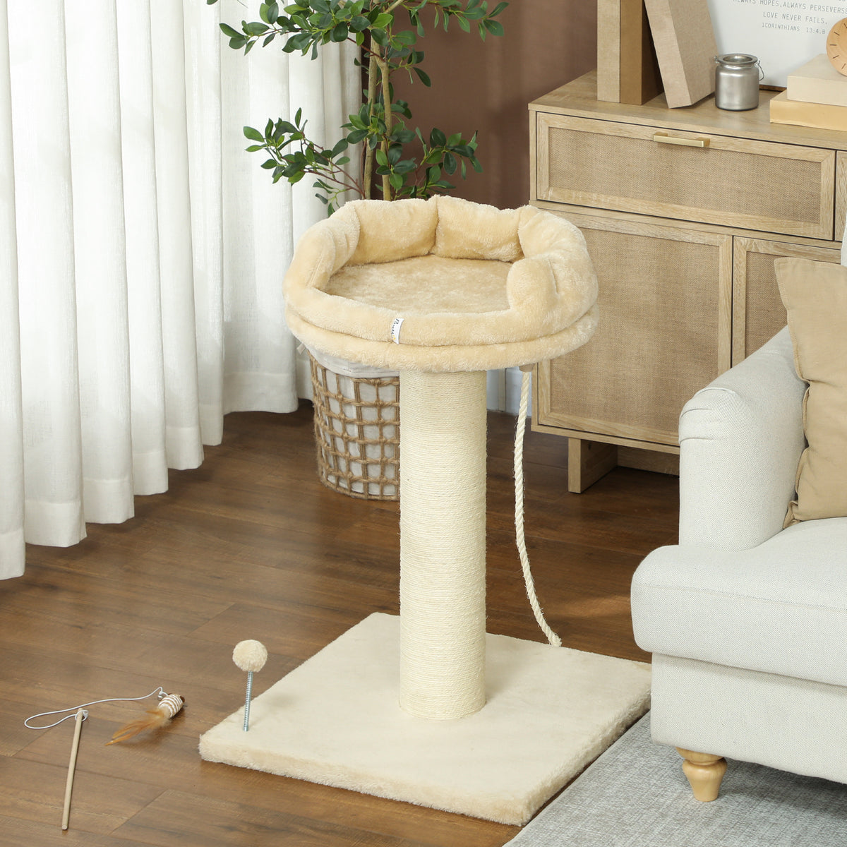 Arbre à chat grattoir design jeu boule et cordelette suspendue+ plateforme peluche - 55 x 55 x 83 cm - sisal beige