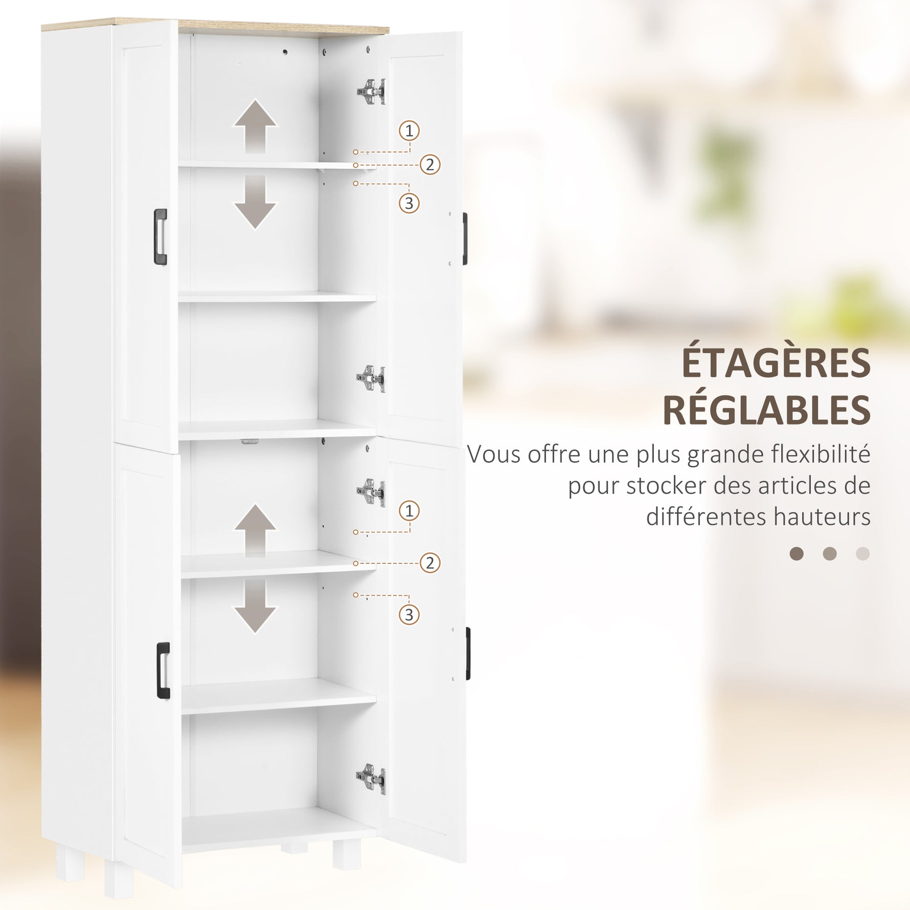 Armoire de cuisine hauteur 170 cm buffet haut avec 4 portes et étagères ajustable, design moderne, blanc