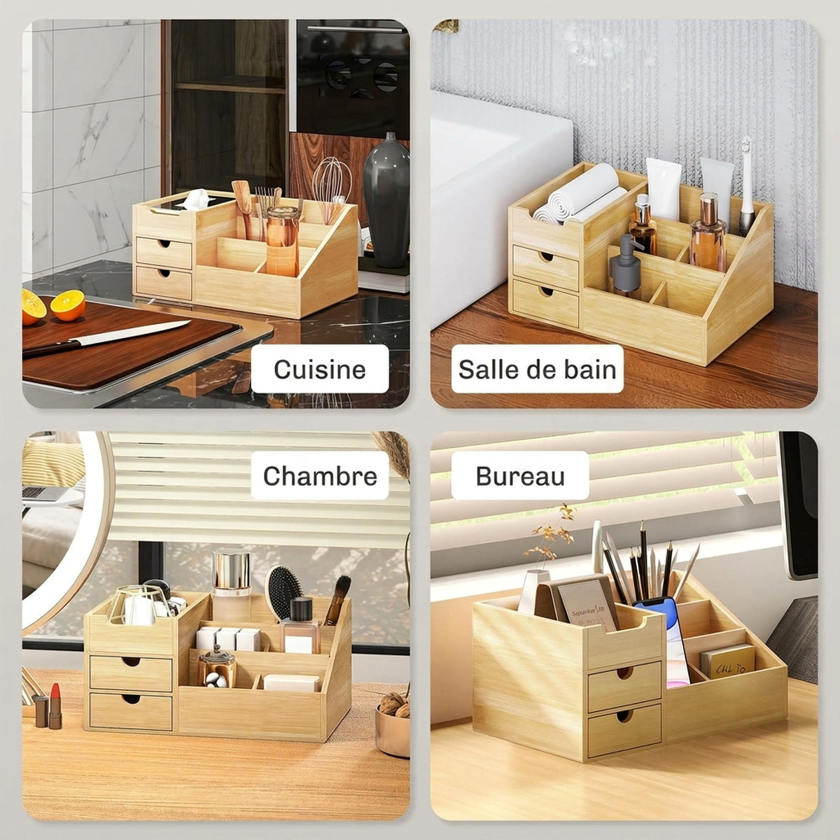 Boite de Rangement de Bureau - Organiseur de Bureau - 7 Compartiments, 2 tiroirs - Bambou Verni, Bambou