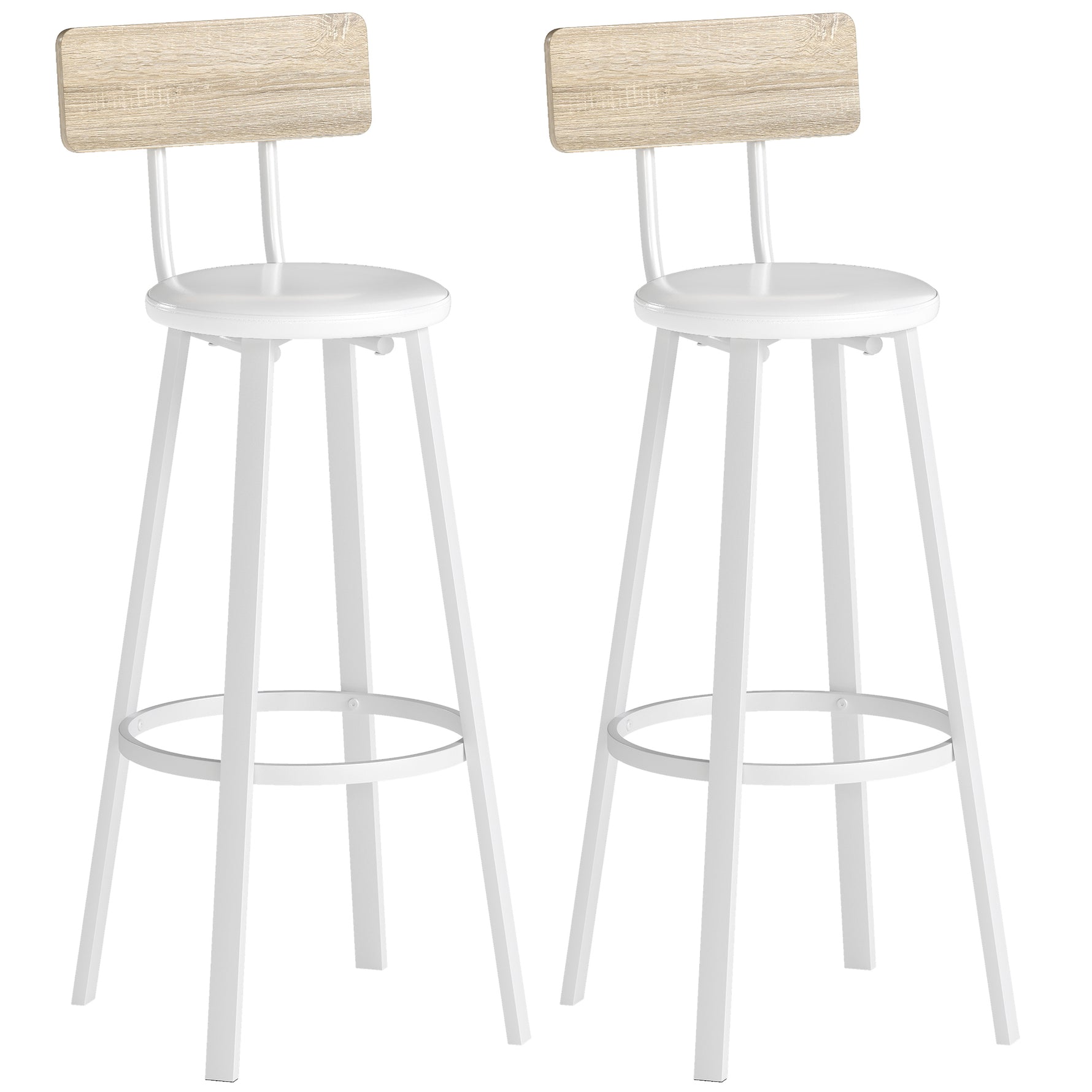 Lot de 2 tabourets de bar, chaises de bar, assise rembourrée 75,5H cm, dossier et repose-pieds, bois naturel et blanc