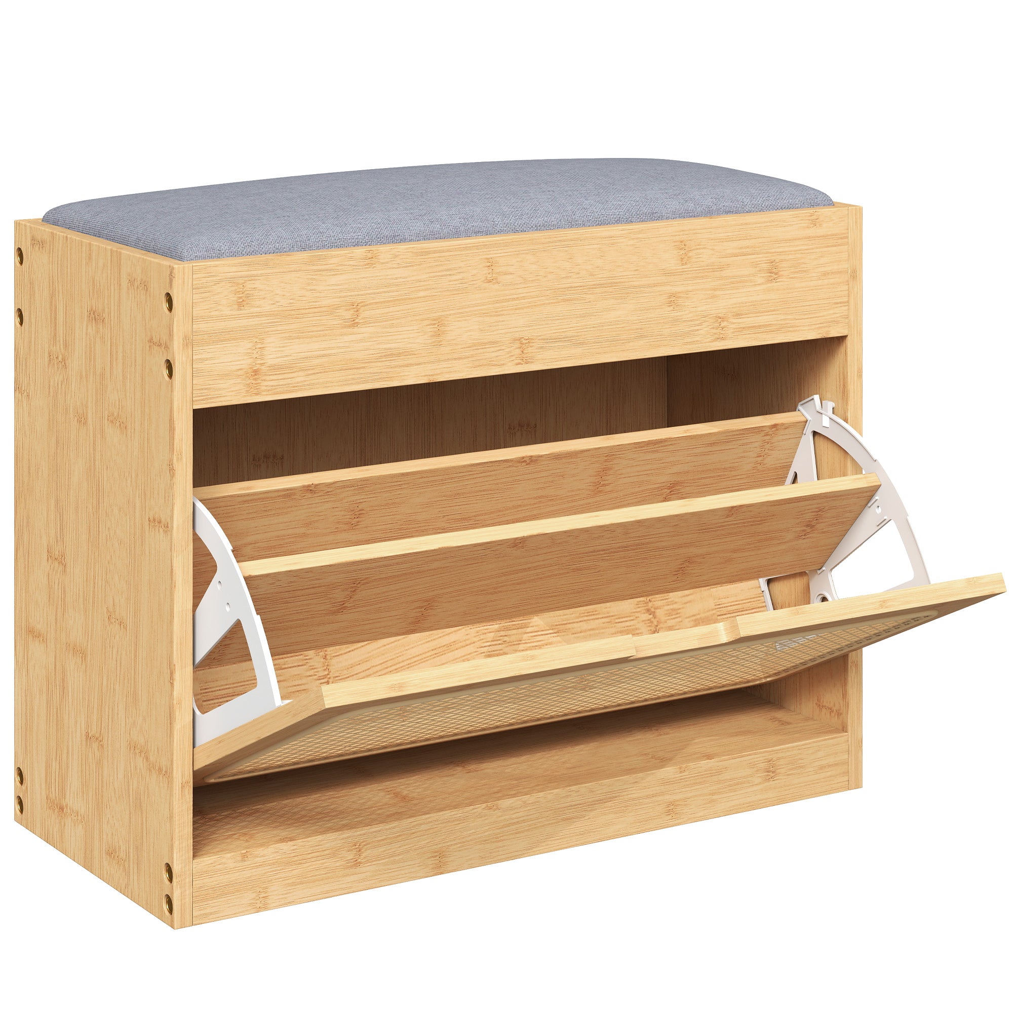 Banc chaussures entrée, banc de rangement en bambou, assise rembourrée, porte en rotin et étagère réglable, bois naturel