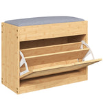 Banc chaussures entrée, banc de rangement en bambou, assise rembourrée, porte en rotin et étagère réglable, bois naturel