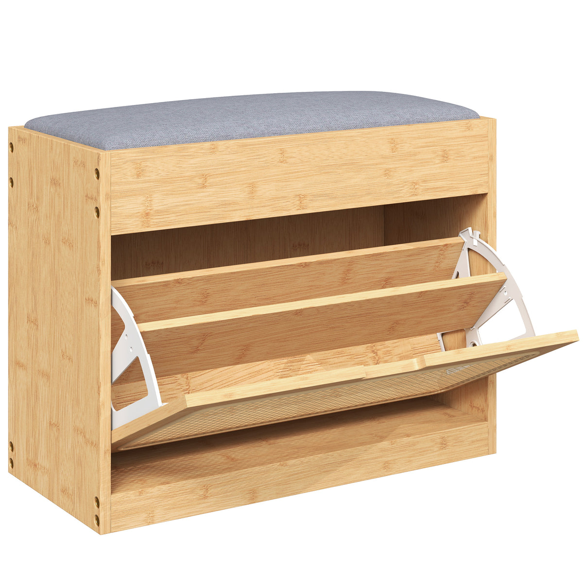 Banc chaussures entrée, banc de rangement en bambou, assise rembourrée, porte en rotin et étagère réglable, bois naturel