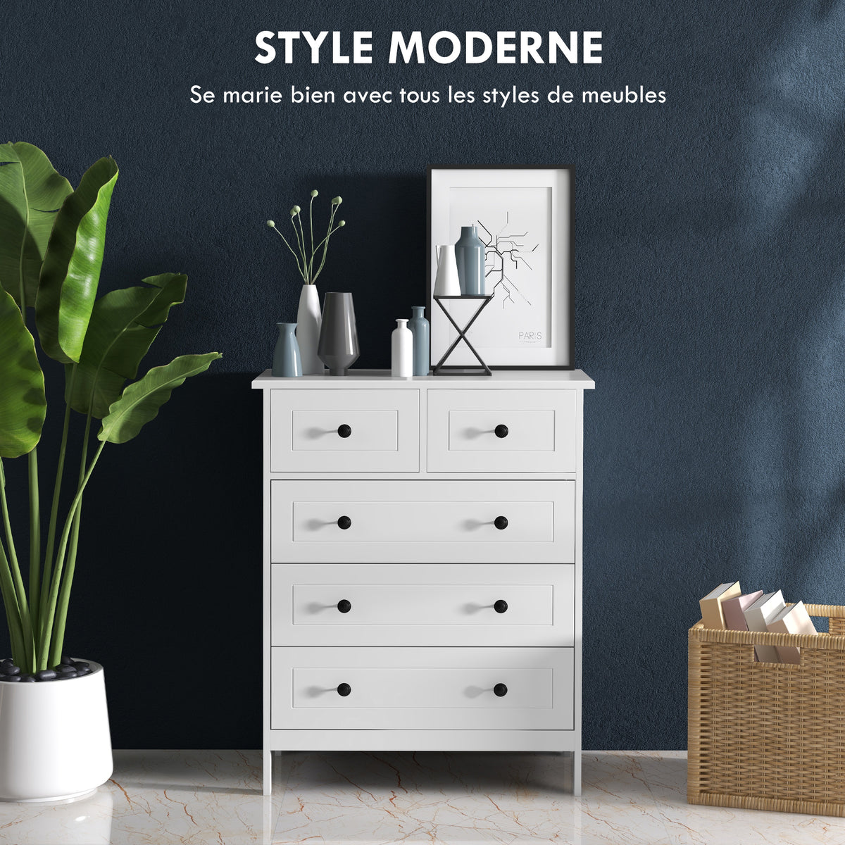 Commode meuble de rangement 5 tiroirs pour chambre, bureau, entrée, blanc et poignée métal noir