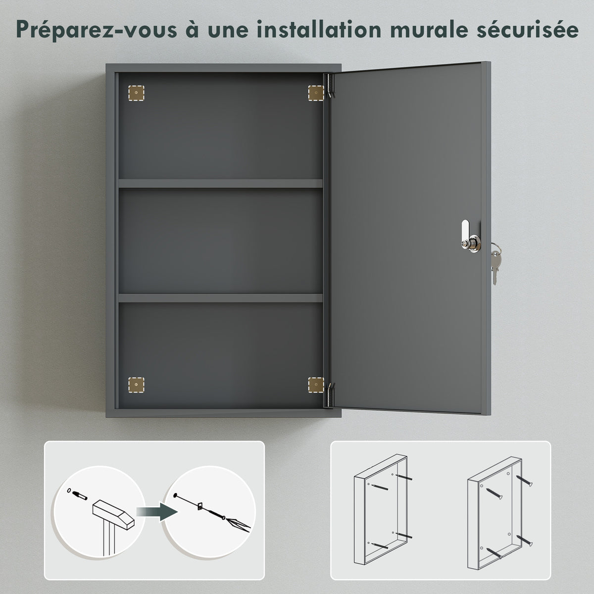 Armadietto portamedicinali a 2 ripiani, 3 livelli, chiudibile a chiave, dim. 40L x 18P x 60A cm, 2 chiavi, metallo, grigio fumé
