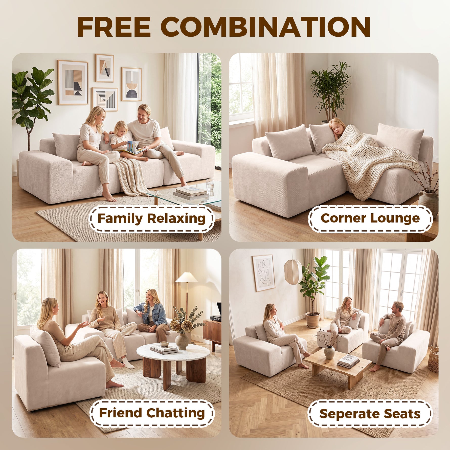 Canapé 3 Places en Chenille 320 cm, Canapé Modulaire, Assise et Accoudoirs Extra-Larges, Entièrement Compressé, Beige