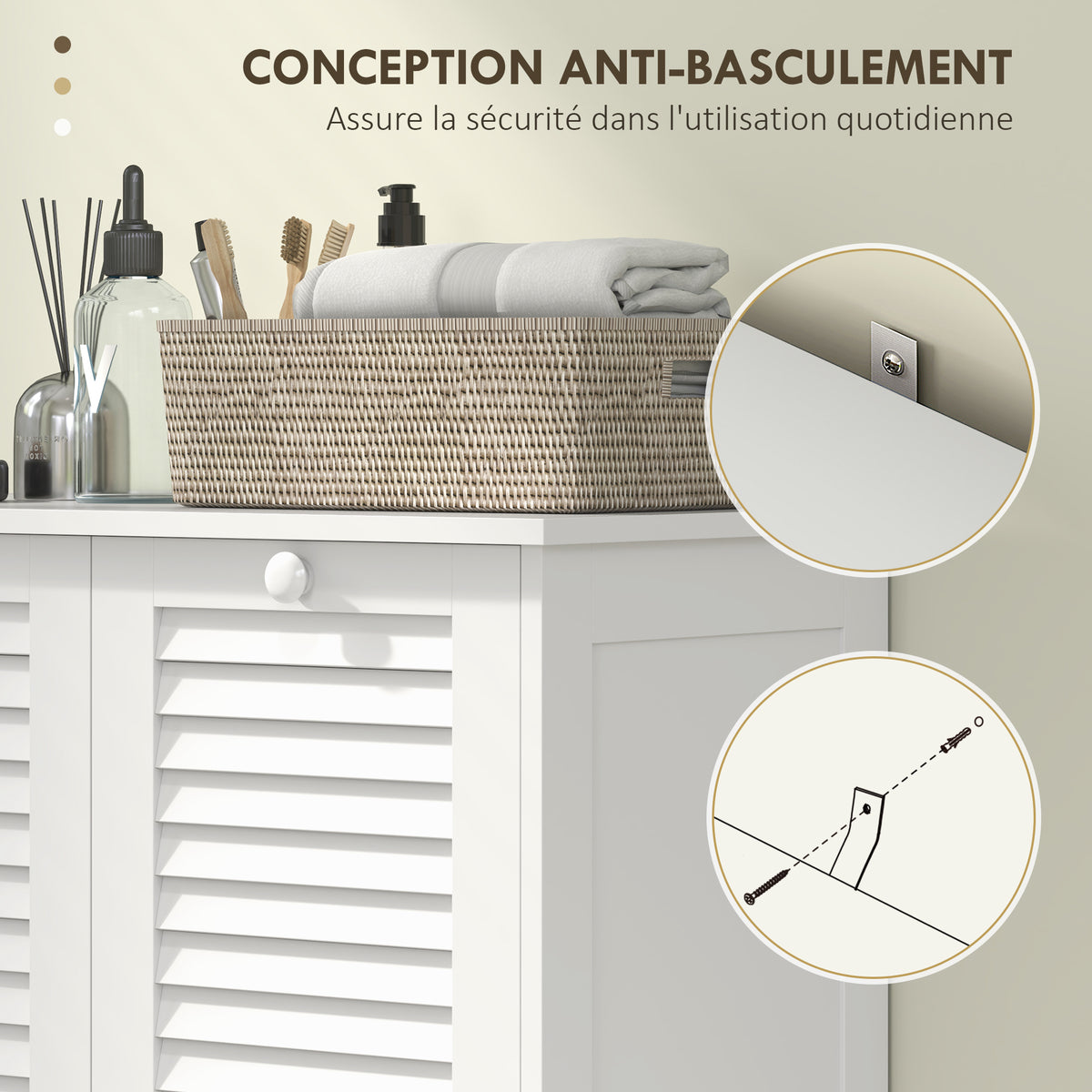 Meuble salle de bain avec panier à linge armoire salle de bain en bois portes persiennes 2 paniers 70 x 38 x 73 cm blanc