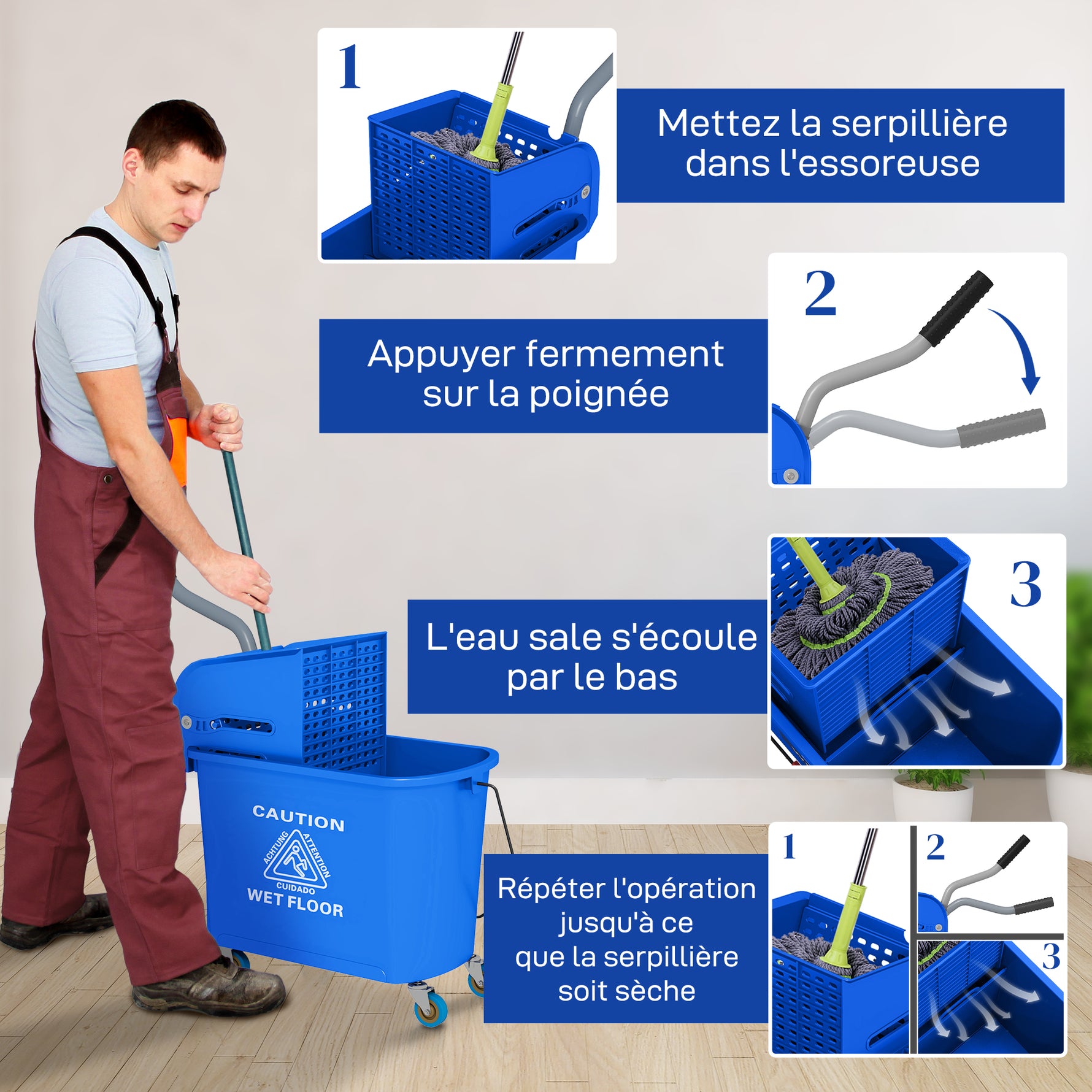 Chariot de nettoyage lavage seau de ménage 20 L avec essoreur et séparateur eau sale propre bleu 60L x 27l x 70,5H cm