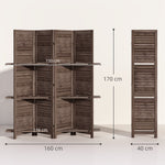 Paravent intérieur en bois 4 panneaux 160 x 170 cm, séparateur de pièce pliable avec 3 étagères, noyer