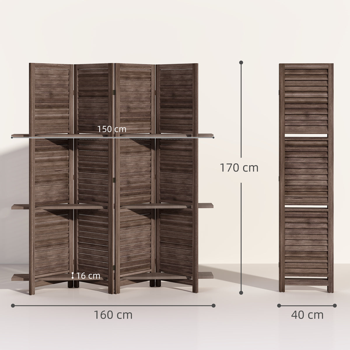 Paravent intérieur en bois 4 panneaux 160 x 170 cm, séparateur de pièce pliable avec 3 étagères, noyer