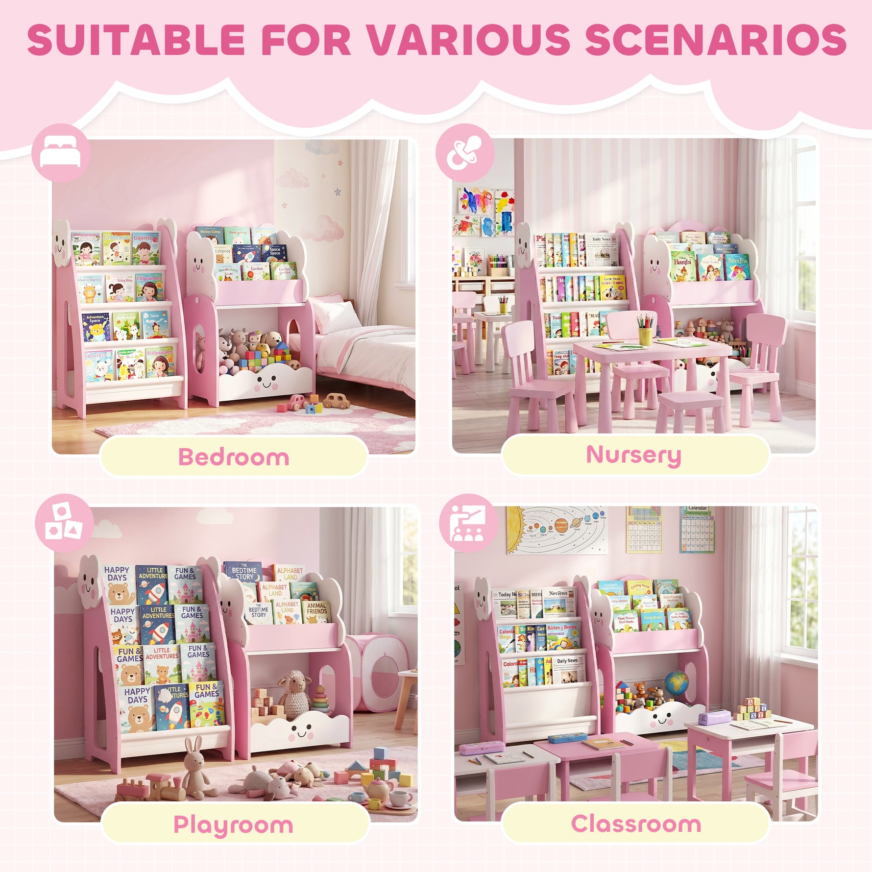 Meuble rangement enfant 3 à 8 ans, rangement jouets enfant modulaire avec porte-magazines à 4 étagères, rose