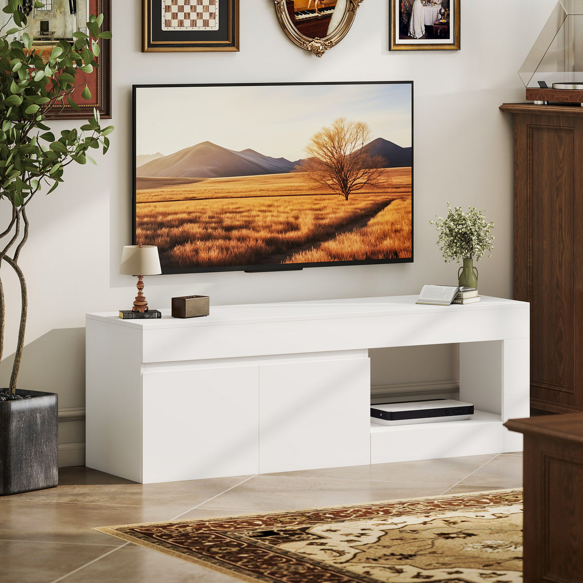 Meuble TV 2 portes pour téléviseurs jusqu'à 60 pouces, meuble télé avec placard et étagère ouverte, blanc