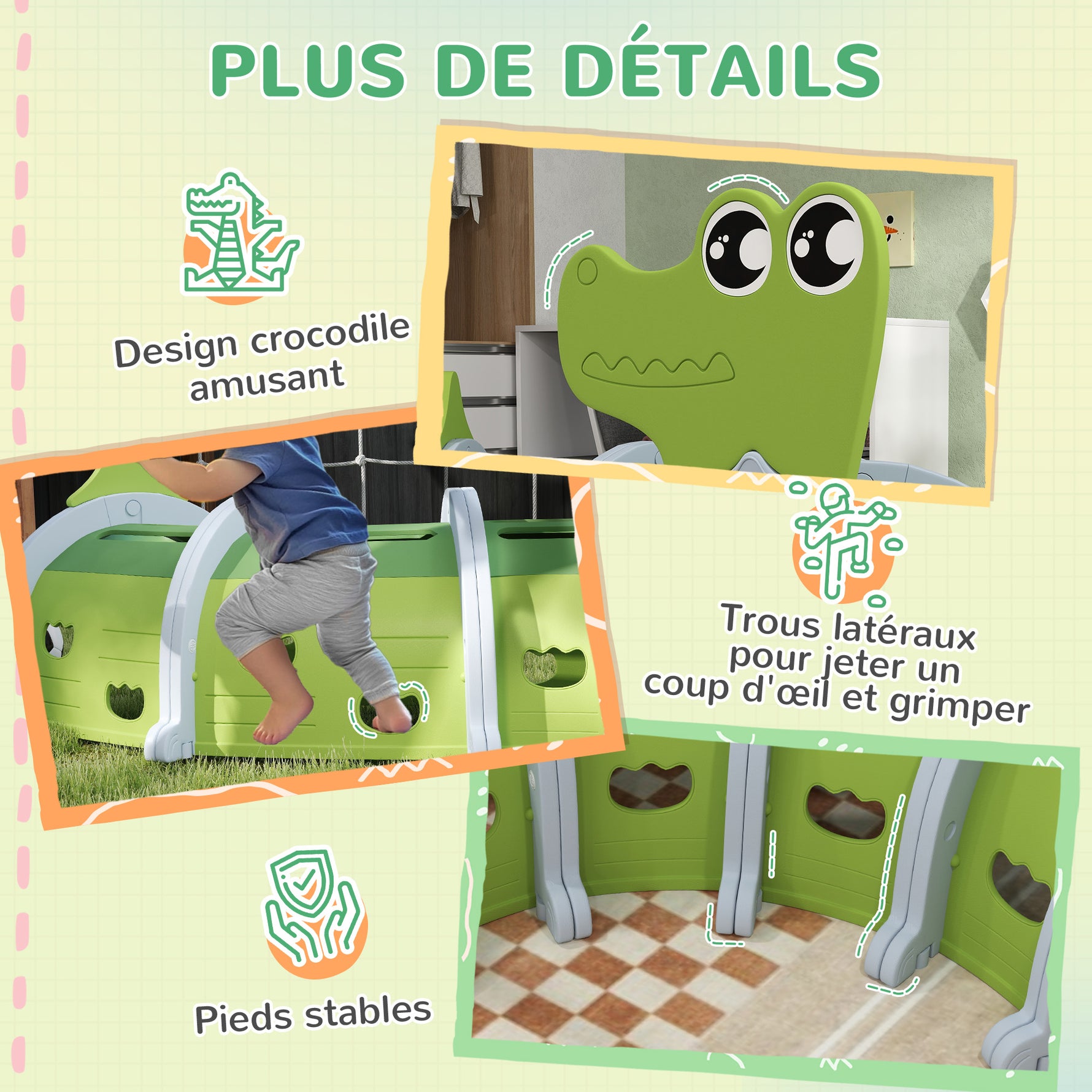 Tunnel enfant en forme de crocodile, modulable, tunnel de jeu pour enfants, enfants de 3 à 6 ans ramper et grimper, vert