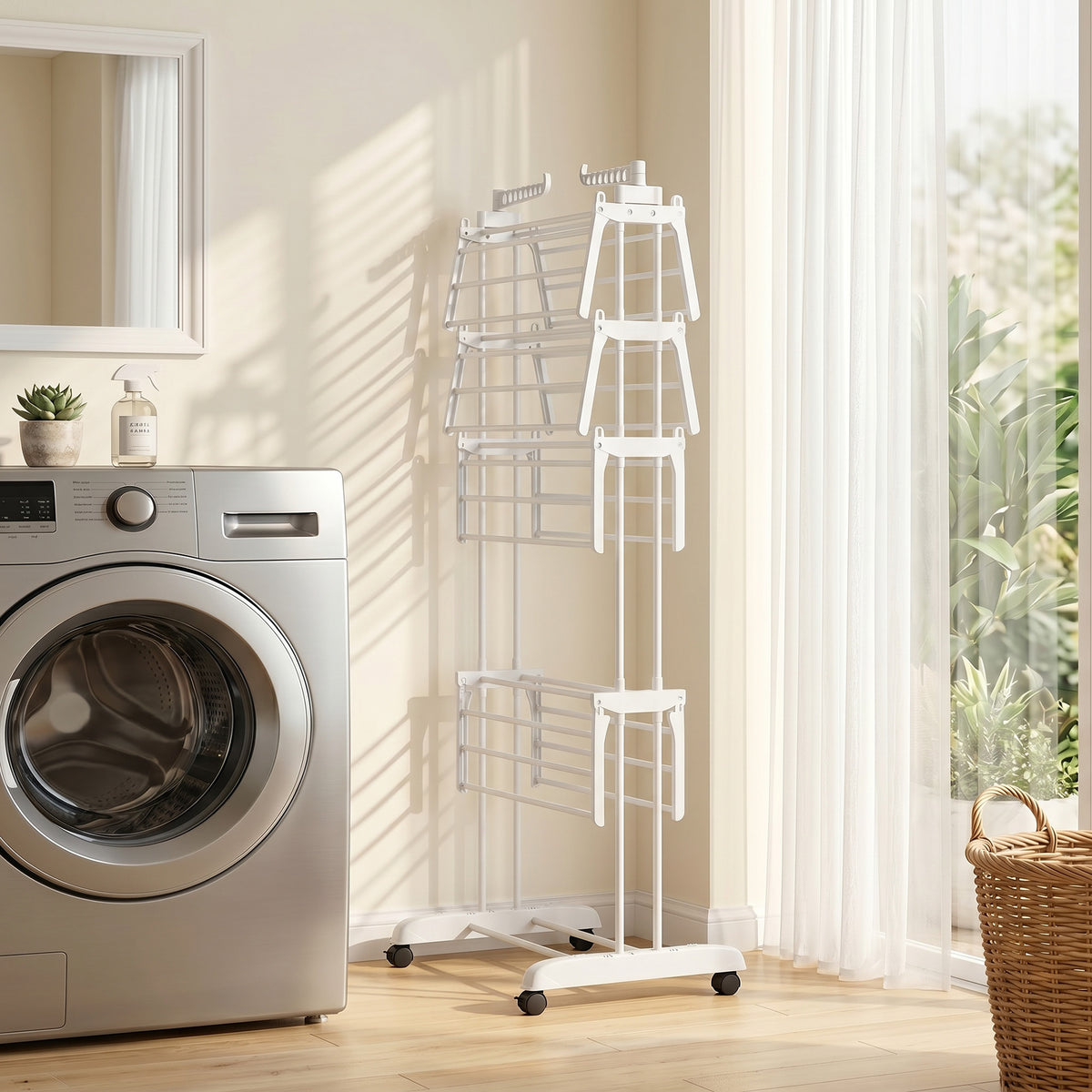 Séchoir à linge pliable 4 niveaux avec roulettes, étendoir linge intérieur avec ailes latérales, cadre en acier, blanc