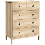 Commode meuble de rangement 5 tiroirs pour chambre, bureau, entrée, chêne et poignée métal noir