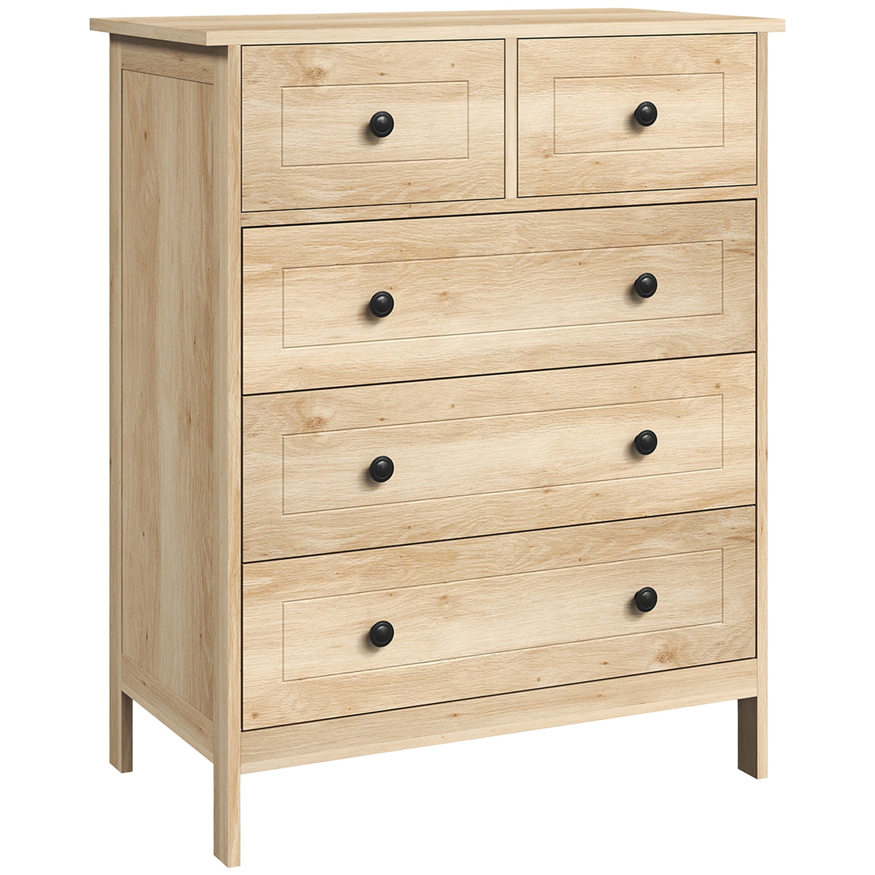 Commode meuble de rangement 5 tiroirs pour chambre, bureau, entrée, chêne et poignée métal noir