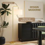Lampadaire sur pied salon style moderne avec abat-jour aspect lin et interrupteur à pied 163,5 cm doré et blanc