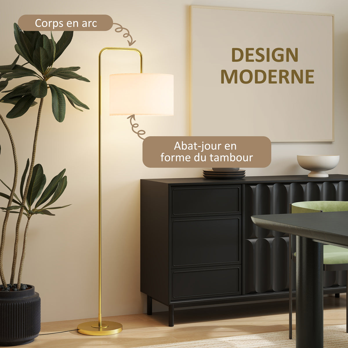 Lampadaire sur pied salon style moderne avec abat-jour aspect lin et interrupteur à pied 163,5 cm doré et blanc