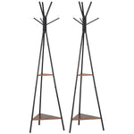 Lot de 2 porte-manteaux trépied meuble d'entrée style industriel branches 2 étagères + 6 patères métal noir