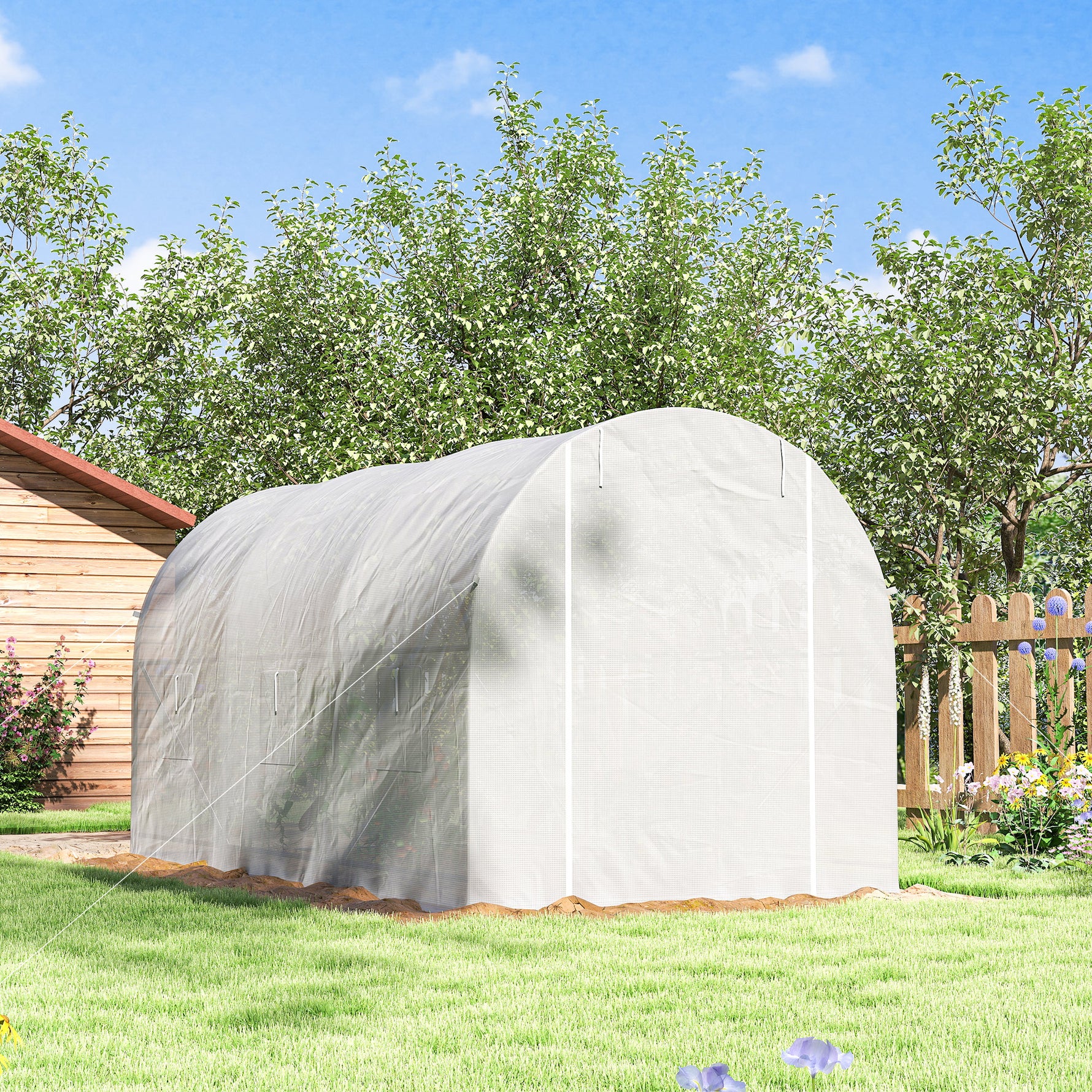 Serre tunnel de jardin 7m², serre de jardin tunnel avec porte et 6 fenêtres, bâche PE 140 g/m² 350 x 200 x 200 cm blanc
