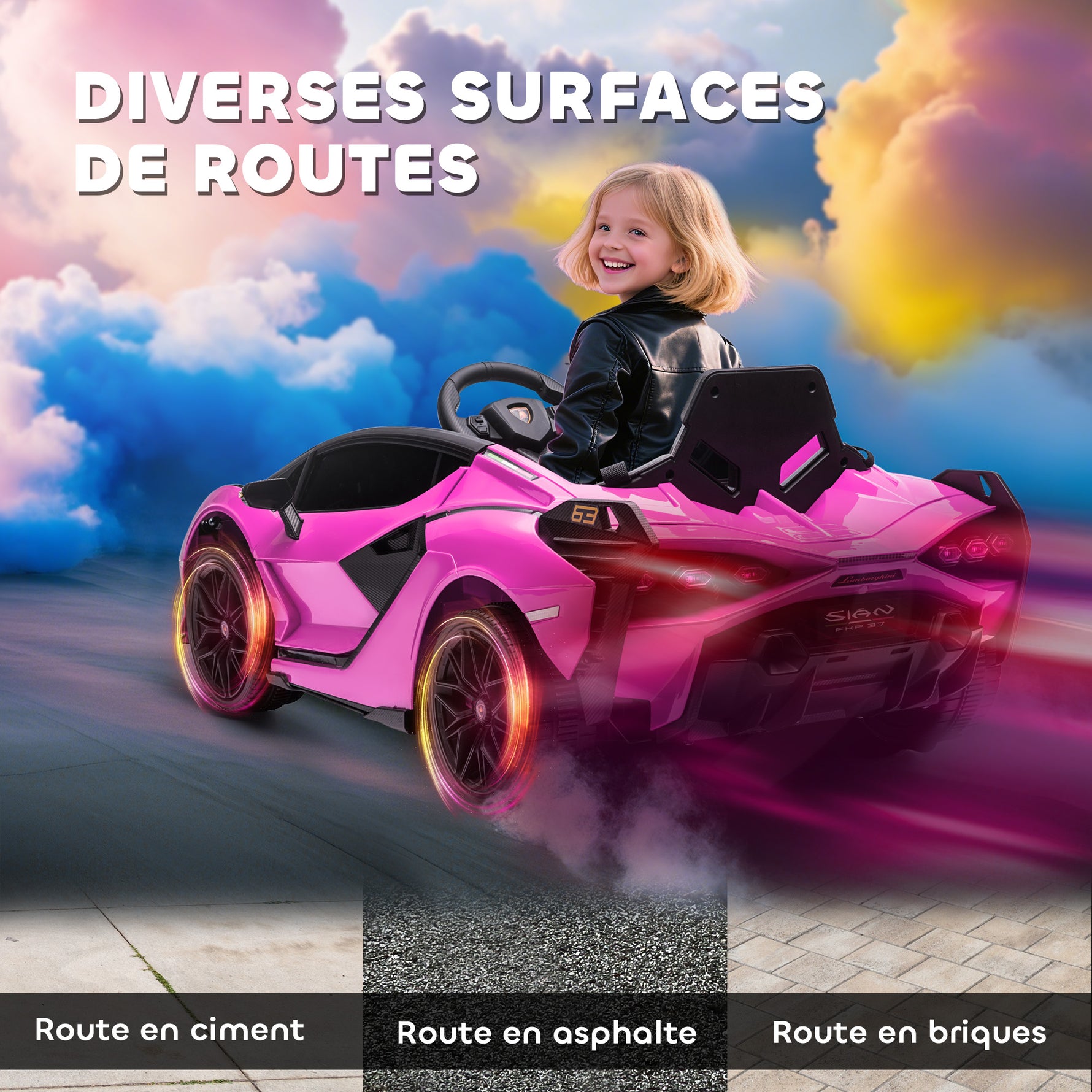 Voiture électrique Enfants de Sport Véhicule électrique Lamborghini Sian 12 V - V. Max. 5 Km/h avec Télécommande 2,4G Effets sonores + Lumineux Rose