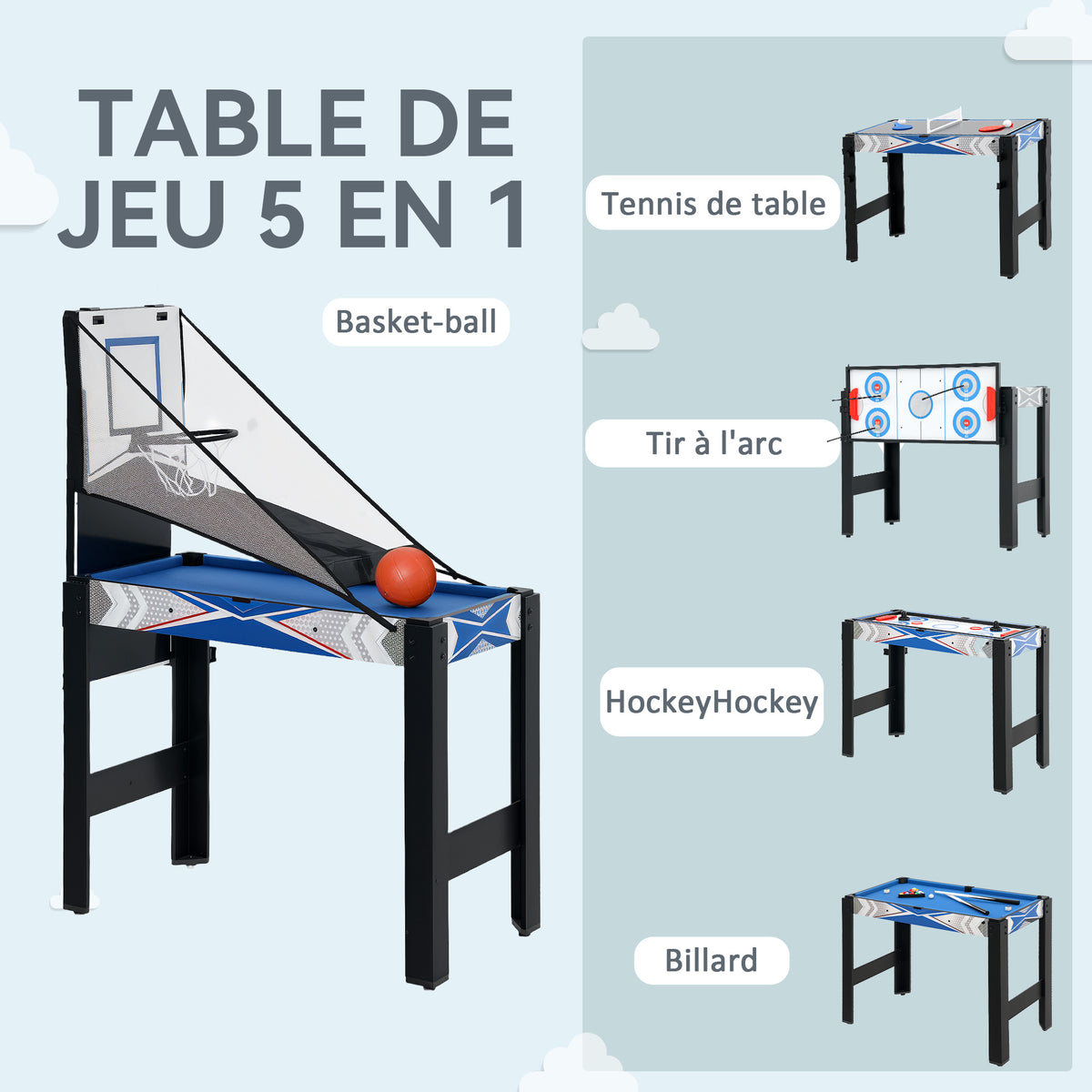 Mini Table de jeux multifonctions 5 en 1, Billard, ping-pong, jeu de palets, mini basket, tir à l'arc, bleu