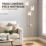 Lampadaire Étagère Verre 3 Lumières Lampe sur Pied Abat-jour Verre Doré