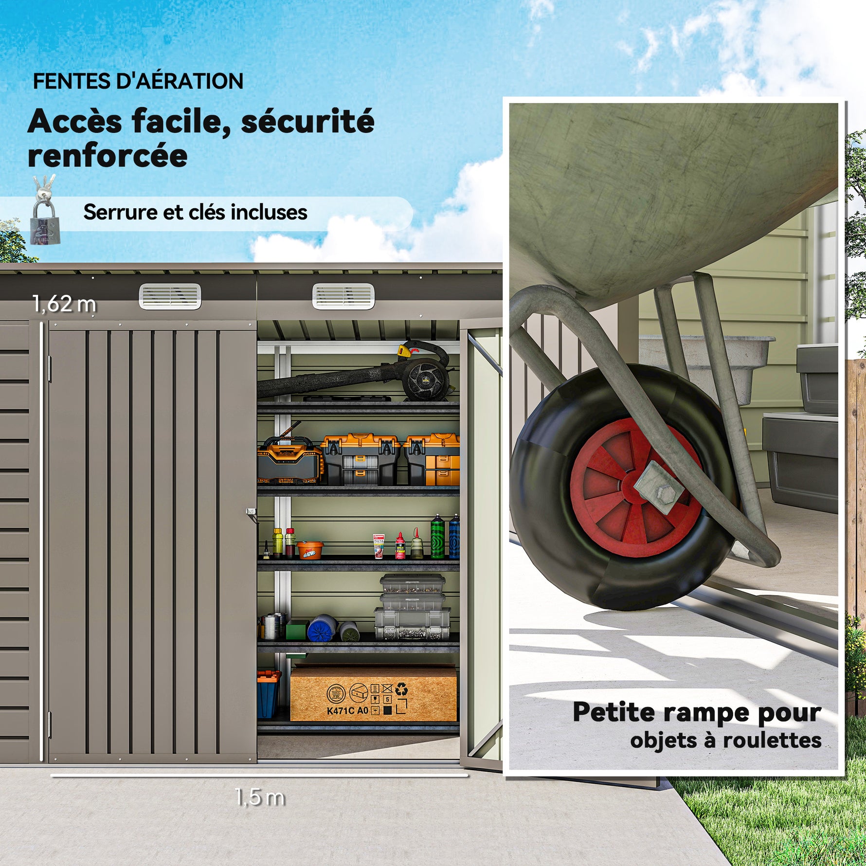 Abri de jardin en métal 3 m² facile à monter, cabane de jardin structure en acier galvanisé améliorée gris clair