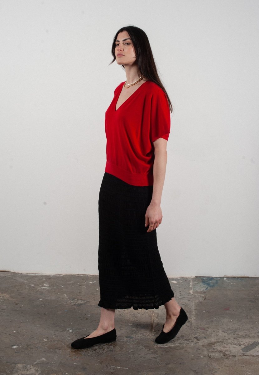 Pull col V à manches chauve souris femme en cachemire & laine ultrafin rouge - KELLY 6