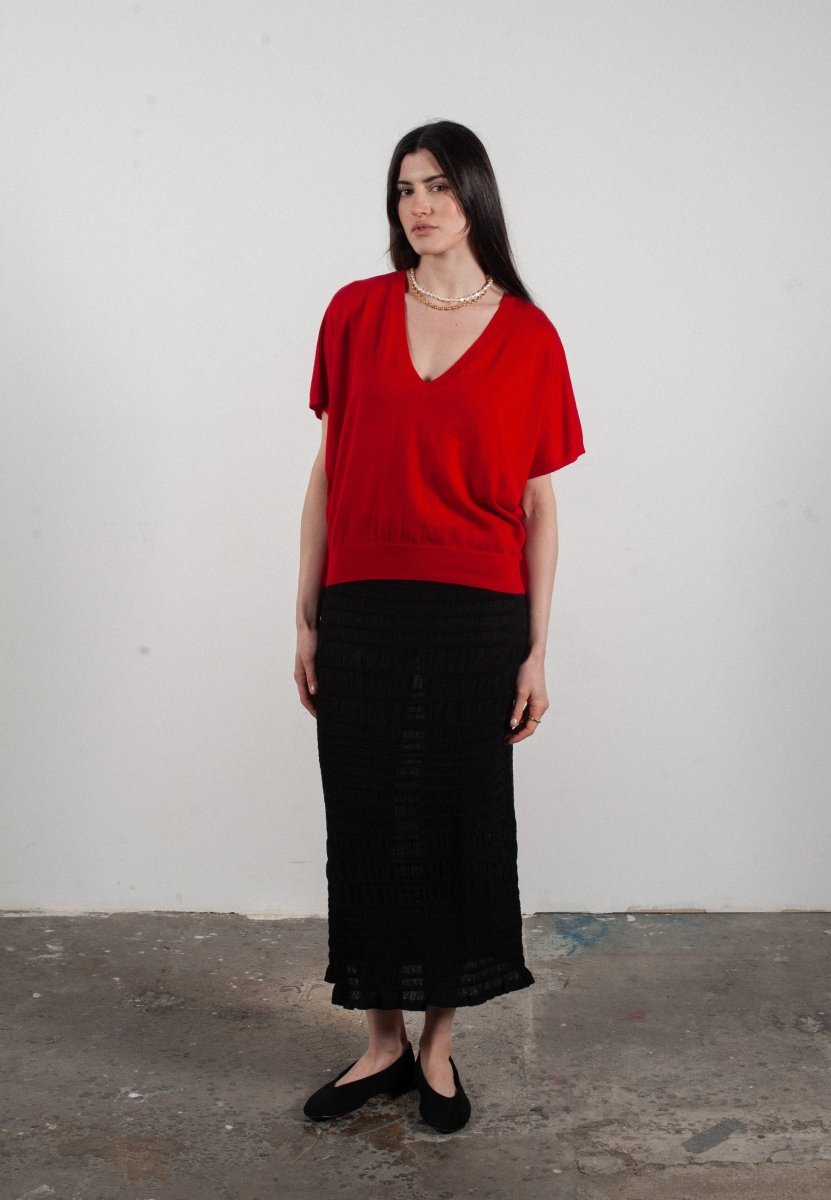 Pull col V à manches chauve souris femme en cachemire & laine ultrafin rouge - KELLY 6